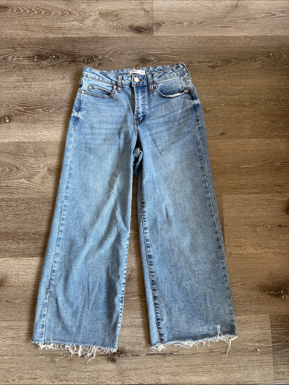 OAT New York High Waisted Wide Leg Jeans Womens Sz 26 Blue Raw Hem Stretch Denin